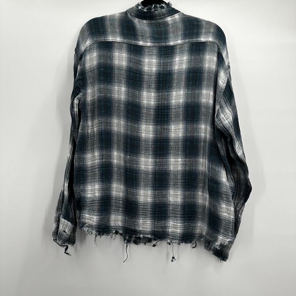 mnml Shirt Womens Large Blue Gray Plaid Frayed Gauze Distressed Button Up Top - Picture 4 of 10